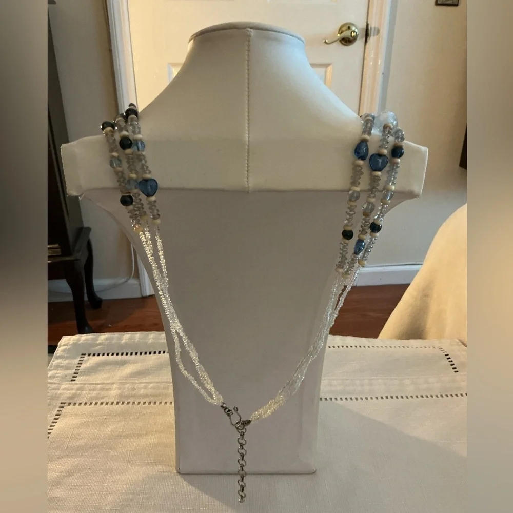 Blue and White Glass Multi Strand Silver Tone Statement Necklace